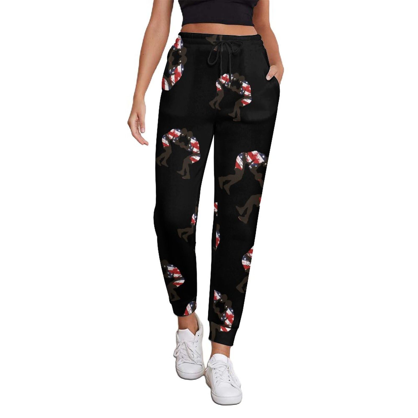 Pantaloni da Jogging con Coulisse da Donna, Pantaloni da Yoga con Tasche, Bandiera Americana, Wrestling