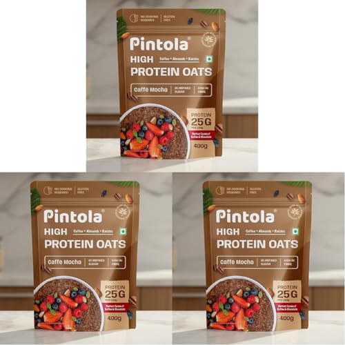 Image of PINTOLA 25g High Protein Oats 400g, Caffe Mocha, No Refined Sugar, with Almonds & Raisins, High Fibre, Rolled Oats, Breakfast Cereals | Gluten Free (Pack of 3)