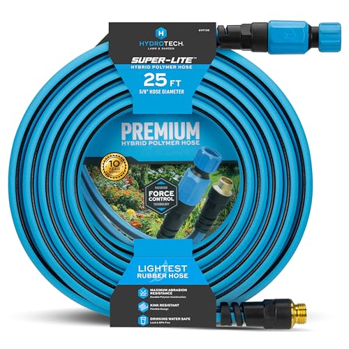 HydroTech Super-Lite Hybrid Polymer Garden Hose 5/8 x 25 ft Ultra Lightweight Kink-Resistant Water Hose Drinking Water Safe Durable Hybrid Polymer Construction with Force Control Technology