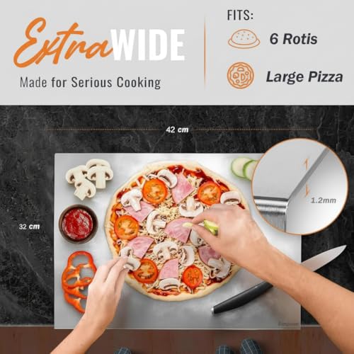 Image of Stainless Steel Chopping Board for Kitchen | Free Rollin Pin | Heavy Duty Chopping-Board | for Cutting Vegetable, Meat, Fruits | Durable | Non Slip | Rust Proof | Round Edge | Medium | 42 x 32 cm