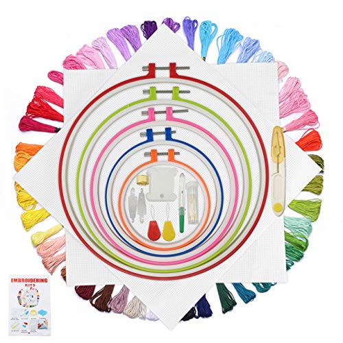 Nuberlic Full Range of Embroidery Starter Kit,2 Embroidered Cloth, 5 Pieces Imitation Bamboo Embroidery Hoops,50 Color Embroidery Threads,Cross Stitch Tool Kit Include Instructions