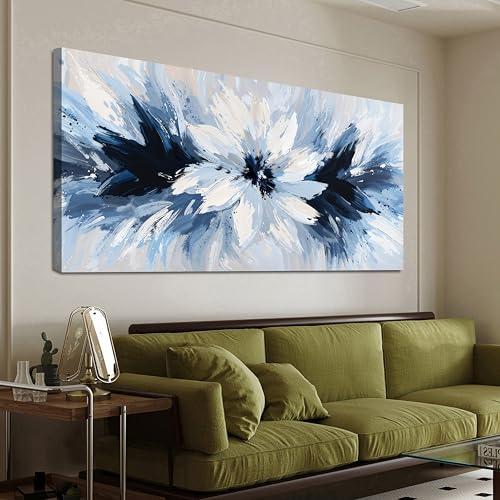Canvas Oversized Wall Art Decor Large Wall Art For Living Room White Flower Wall Art Prints Modern Blue Wall Art Pictures 29'X58' Abstract Canvas Art Wall Decor Artwork for Walls Bedroom Office Decor