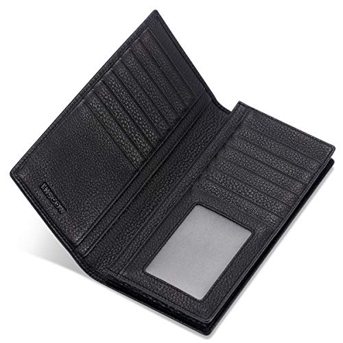 Image of HISCOW Full Grain Leather Men's Long Wallet, 15 Card Slots, Pebbled Black, One Size, Classic | Gusseted bill compartment, tall bifold design, clear ID window, ideal for coat pockets or briefcases, turned-edge, gift box