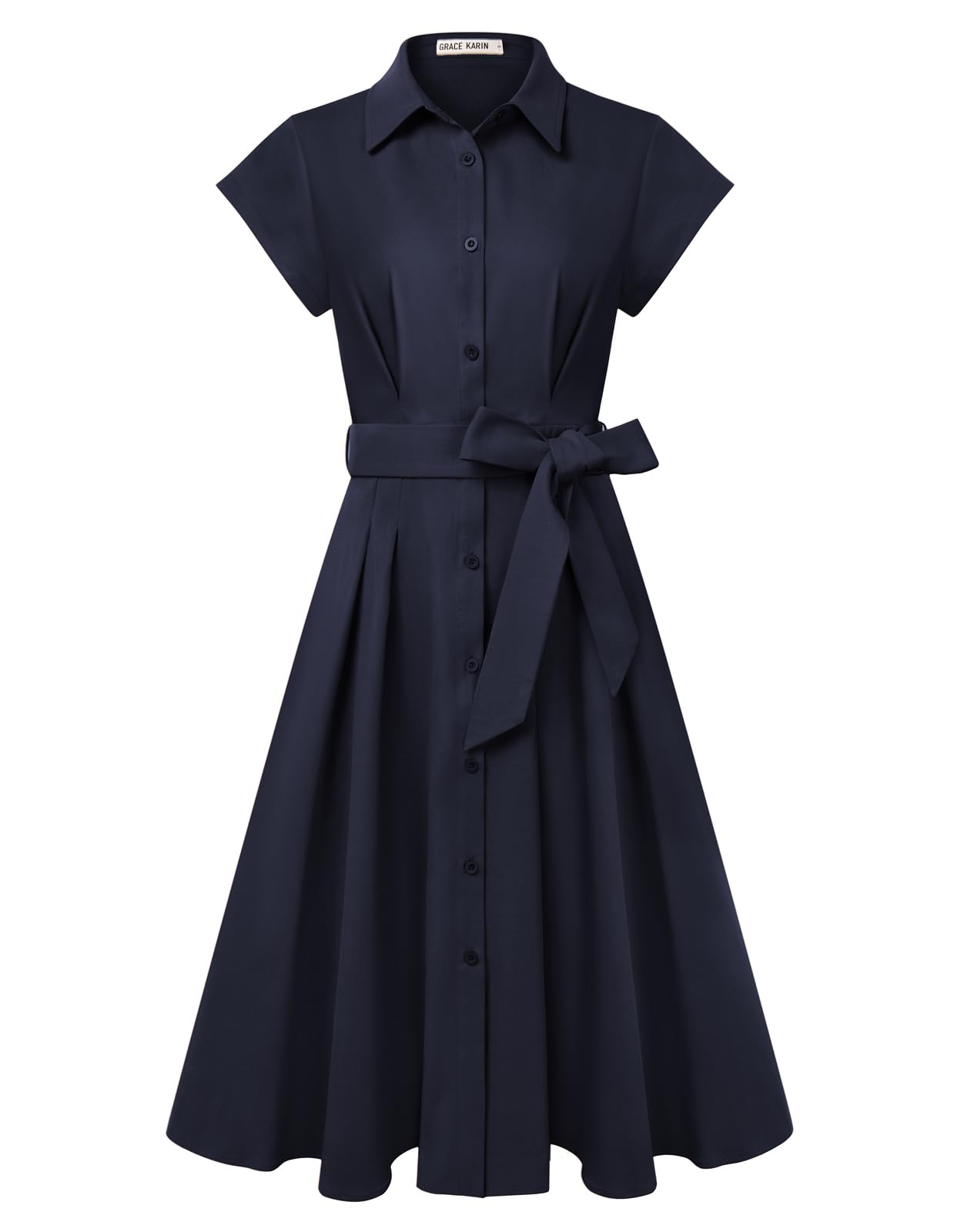 GRACE KARIN Abito midi da donna a maniche corte, linea ad A, elegante, collo con risvolto, bottoni, cravatta in vita, camicia per lavoro e matrimonio