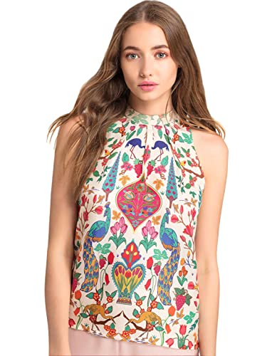 Image of SHAYE Cream Party Sleeveless Halter Neck Floral Printed Satin Top for Women