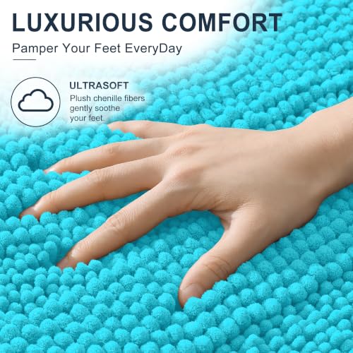 Image of Smiry Thick Chenille Bathroom Runner Rugs 44x24, Extra Absorbent Striped Bath Mat, Machine Washable, Rubber Backing, Long Bath Rugs for Bathroom, Tub & Shower, Home Decor Accessories, Aqua Sky