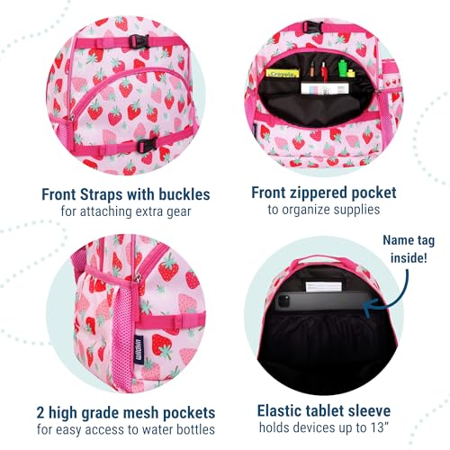 Image of Wildkin Kids Backpack for Boys & Girls, ECO rPET Recycled Lightweight 17 inch Large Bookbag with Padded Straps - Ideal for Middle School, Travel & Daycare, Ages 7-14 - Strawberry