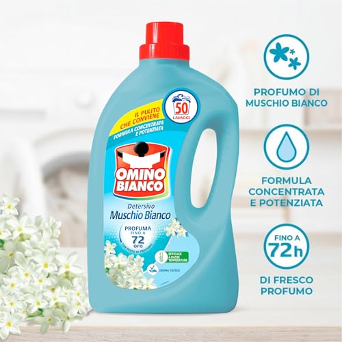 Omino Bianco - Detersivo Lavatrice Liquido, 50 Lavaggi, Rispetta Colori e Tessuti, Fresco Profumo con Essenza di Muschio Bianco, 2000 ml - Immagine 1