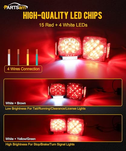 Image of Partsam Pair Slim Square LED Trailer Light Submersible Tail Lights 15 Red 4 White LEDs 5050 SMD Stop Turn Tail with Side Clearance and License Lights for Under 80 inch Boat Trailer 12V IP67 Red Lens