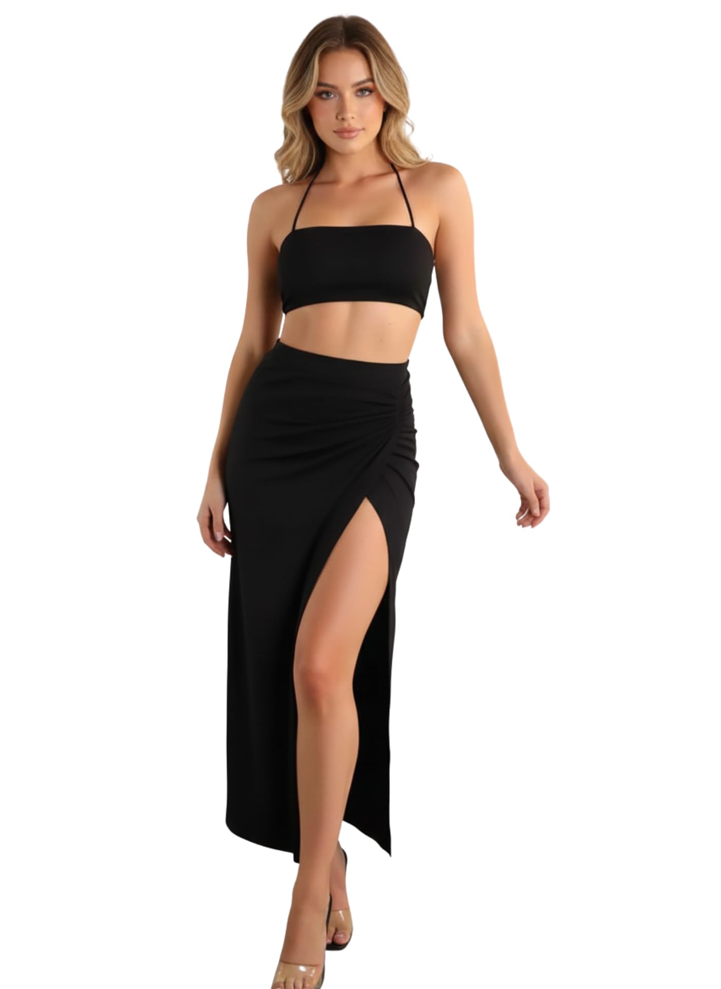 Western Dress for Women Stylish | Black Two-Piece Sleeveless Crop Top and High Slit Skirt | Club & Night Out Dress | Skirt Bodycon Dress for Women