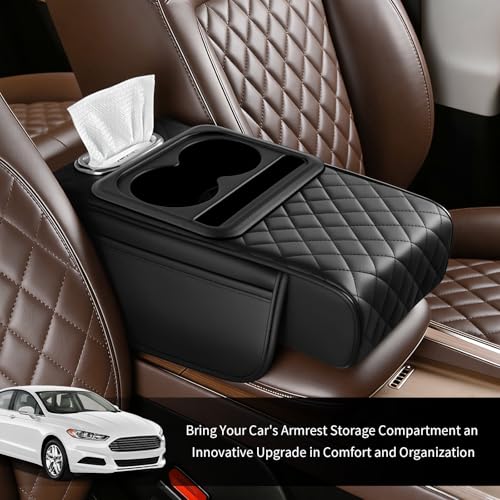 Image of 2026 New 5 in1 Car Armrest Storage Box,Multifunctional Leather Car Armrest Box Pad with Cup Holder & Phone Holder & Storage Bag,Comfortable Center Console Cover for Elbow Support