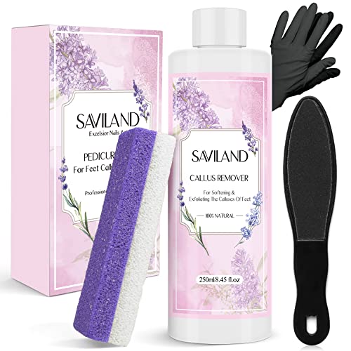 Saviland Callus Remover For Feet Kit â 8.45fl Oz Callus Remover Gel Dead Skin Removal For Feet & Foot File Foot Scrubber & Pumice Stone For Feet & Gloves Pedicure Kit For Foot Care Foot Spa At Home