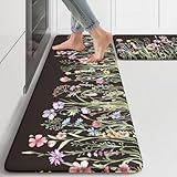 KIMODE Anti Fatigue Mats for Kitchen Floor 17'x47'+17'x29', Farmhouse Floral Kitchen Rugs Sets of 2, Cushioned Kitchen Floor Mats, Non Slip Standing Mat for Sink, Laundry, Office, Desk Black