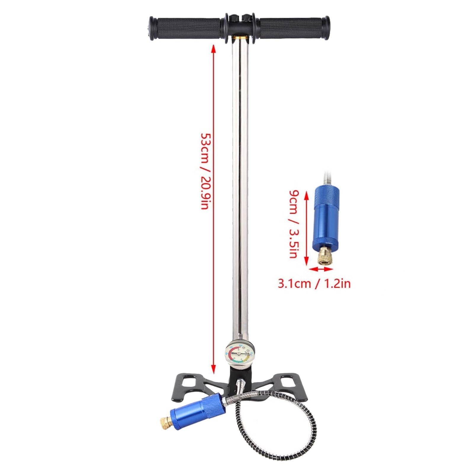 aqxreight Ręczna Pompa Wysokociśnieniowa Przenośny Inflator z Manometrem do Nurkowania Butla z Tlenem Pompa Ręczna ze Stali Nierdzewnej 53cm Rurka