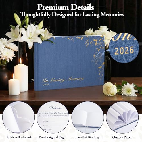 Image of Funeral Guest Book for Celebration of Life, Blank Unlined Memorial Memory Book, 2026 Blue Linen Gold Foil Hardcover with Table Sign & Welcome Card, 8.66 x 6.69 in, 120 Pages / 60 Sheets