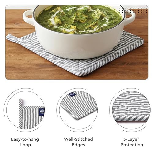 Image of Encasa XO 100% Cotton Apron Set for Women & Men with Adjustable Apron, Oven Gloves & Pot Holder (Pack of 3) Combo, Heat-Resistant, Soft & Durable for Cooking, Baking & Grilling (Ticking Black)
