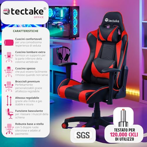 ® Sedia da Gaming per Gamer, Poltrona da Ufficio Ergonomica, Sedia Gaming con Braccioli Imbottiti, Doppie Rotelle Resistenti, Struttura Robusta, Regolabile, Portata fino a 120 kg - Nero/Rosso - Sedia gaming - Immagine 3
