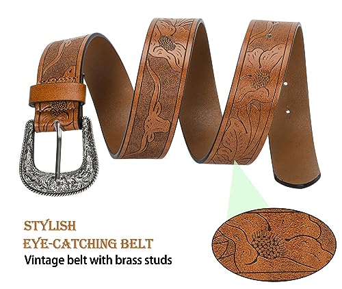 INOGIH Adjustable-Vintage-Western-Cowboy-Belt Women Men - Cowboy-Style Engraved-Buckle Belt for Jeans Pants Dresses4
