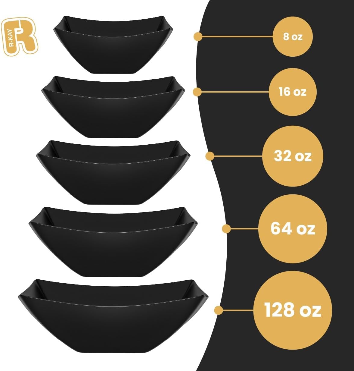 R-kay 6 Pack Black Square Plastic Serving Bowls - Black Plastic bowls 16 Oz - Disposable Serving Bowls - Premium Bowls Disposable Heavy Duty For Weddings Catering And Birthday parties - Image 5