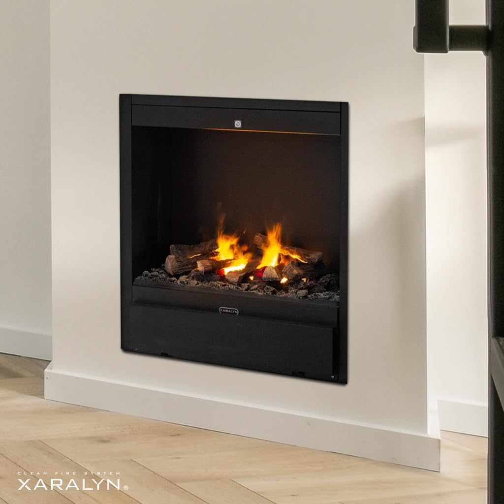 Xaralyn Albany ECO ABN15E Electric Fireplace Insert installed in a white wall niche