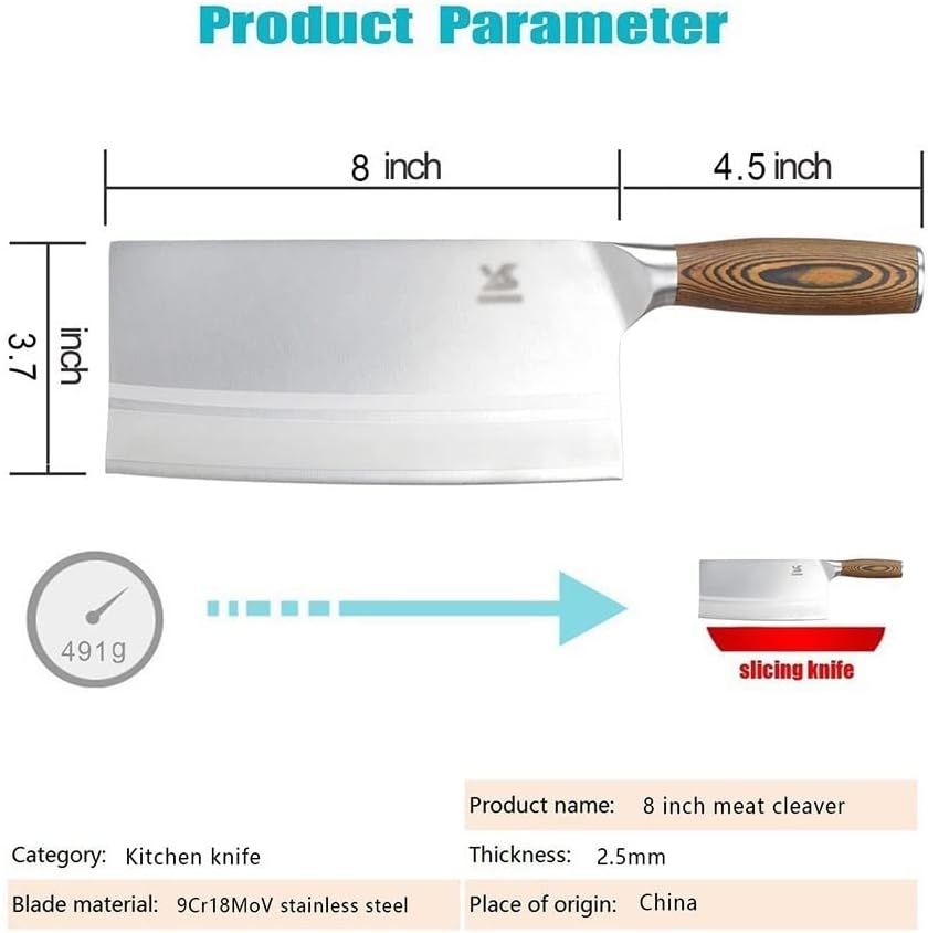 Meat Cleaver, Chinese Kitchen Knife - 8 Cleaver - Chopping Knife - Vegetable Cutter - 9Cr18MoV Stainless Steel (Color : Gold, Kitchen Knife Size : 8 inch)