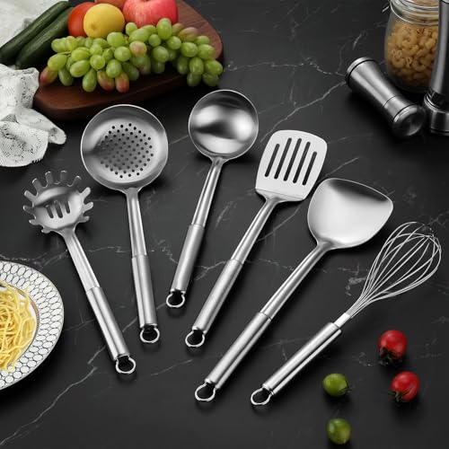 Ustensiles de Cuisine, Gymdin 6 Pièces Ustensiles de Cuisine inox avec manche suspendu, spatule, tourneuse, louche à soupe, cuillère à fente, fouet, serveur de pâtes, lavable au lave-vaisselle – Image 6