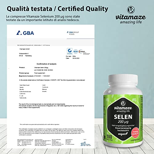 Vitamaze® Selenio 200 Mcg Alto Dosaggio, 6 mesi di Trattamento, Compresse Vegan, Selenio Organico Qualità Tedesca, Naturale Selenio Integratore senza Additivi non Necessari - 5