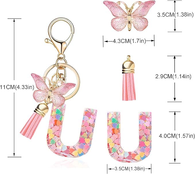 Image of GEOCARTER Lightweight Fashion Initial Letter Key Ring with Butterfly Pendant & Tassel, Stylish Purse Charm for Handbags, Car Keys, Gifts for Girls & Women