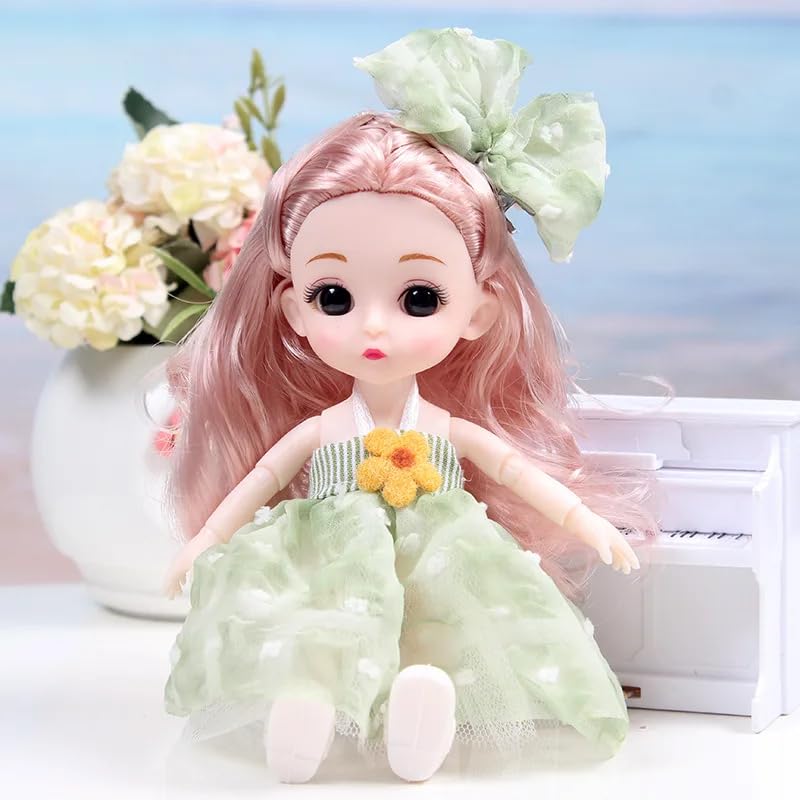 Image of Tickles Set Movable Jointed Cute Girl Brown Eyes Fashionable Doll Green Frock for Kids Girls (Size: 30 cm Color: Green & White)