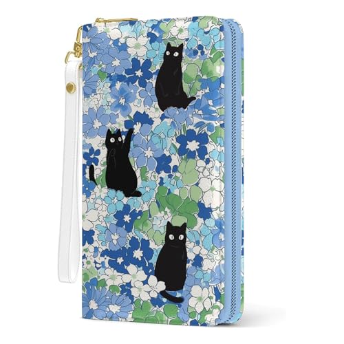 Womens Wallet, Black Cats Wristlet Wallet For Women, Blue Flowers Credit Card Holder Purse With Zipper, Birthday Christmas Graduation Gifts For Women Mom, Travel Office Daily Purse