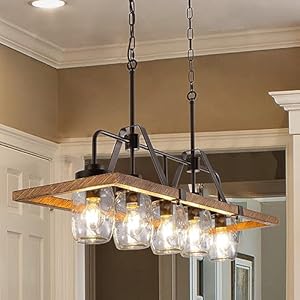Wellmet Kitchen Island Chandelier Mason Jar Pendant Light Dining Room 5 Light Wooden Paint Pendant Light for Living Room Dining Table Kitchen Hallway Restaurant 393W