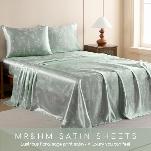 Image of MR&HM Satin Bed Sheets with Elastic Corner Straps, Full Size Sheets Set, 4 Pcs Silky Bedding Set with 15 Inches Deep Pocket for Mattress (Full, Floral Sage)