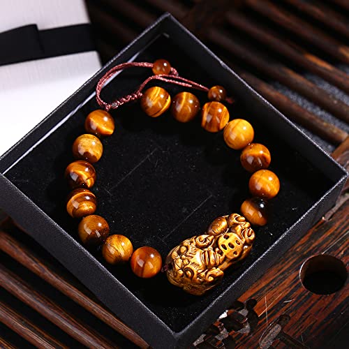 Xiaocao8 Handmade Good Luck Bracelet Chinese Pixiu Tiger Eye Stone Beaded Bracelets for Men and Women Feng Shui Jewelry (10MM) - Image 5