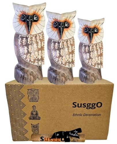 SusggO Set 3 Buhos de Madera Tallados a Mano Figuras Decorativas Artesanales Home Decoration Decoración Buho de la Suerte Decoracion Otoño Decoracion Hogar (3 BUHOS ALAS Blanco Puntos Mod 1 BABLPT1)