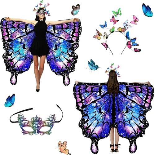 Shengou Ailes de Papillon Adulte,Double face Costume Papillon Adulte Femme,3 pièces Deguisement Papillon pour Fête Cosplay Carnaval Mascarade de Mardi Gras Halloween Costume Noël (Double face-67)