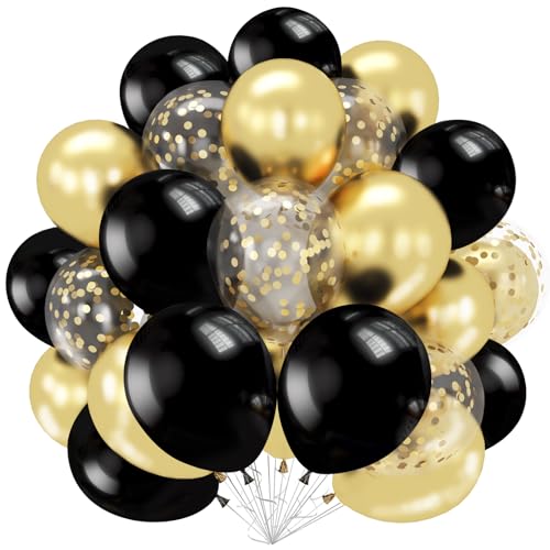 Ballons Noir et Or Anniversaire, 60 Pièces Ballon Helium Noir Doré avec Ballons Confettis Or, 12 Pouces Ballon Baudruche pour Garçon Homme Anniversaire,...