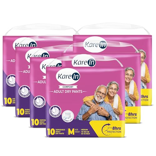 Image of KareIn Comfort Adult Diaper Pants, Medium 75-100 Cm (30 inch- 40 inch), Unisex, Leakproof, Elastic Waist, Wetness Indicator, Pack of 6, 60 Count