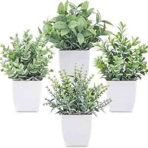 4 Packungen kleine Künstliche Pflanzen, künstliche Grünpflanzen, Topfpflanze Künstlich für Wohnzimmer, Esstisch,Balkon,Küchendekoration，Badezimmer Deko