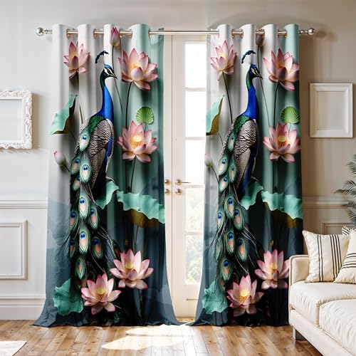 Image of Ultimate Trends Room Darkening Digital Printed Peacock Prints Curtain 65-70% Opacity,Diamond Eyelets, Tie Back, 9 FEET Pack of 1,Sage Green & Off-White