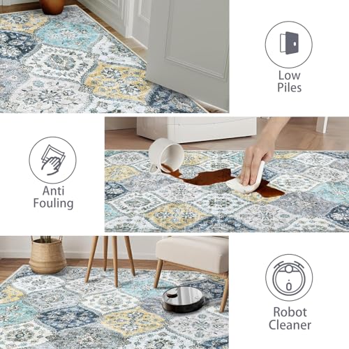 Tapete Oriental Lavable 9x12 Pies Azul y Amarillo miniatura 5