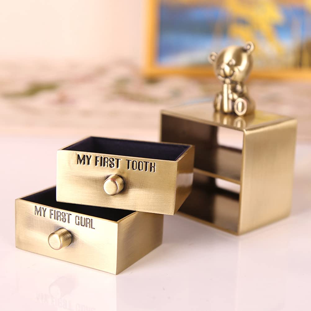 Milchzahndose Baby Erste Locke und ersten Zahn Zahndose Andenken Box Metalllegierung Süßer Bär Zahnbox mit 2 Schubladen Erinnerungsboxen Kinder