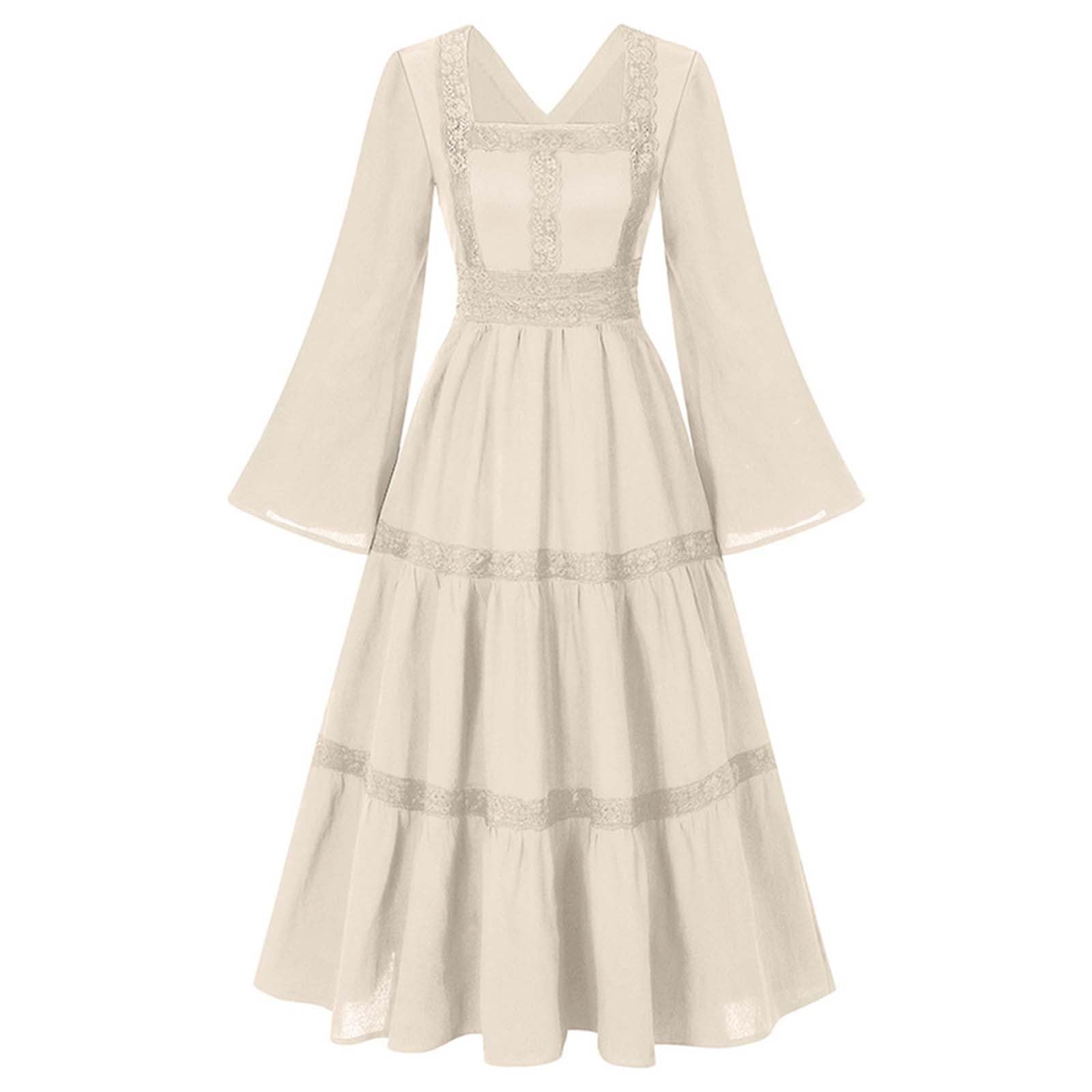 FaschingskostüMe Damen Lustig,Damen Spitzenkleid Mit Ausgestellten ÄRmeln Quadratischem Ausschnitt Floralem Spitzenbesatz Langes Kleid Cosplay-Kleid