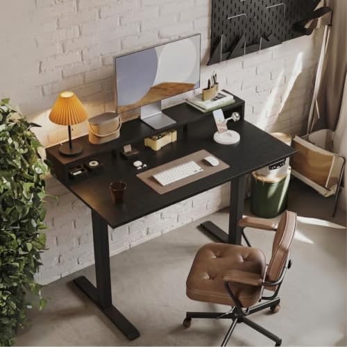 Image of TEKAVO Hirak Electric Height Adjustable Table with Moniter Riser I Standing Desk I Workstation for Home Office I Work Table for Laptop pc I with Storage I 120L x 60W x 70 to 120H CM I Black I DIY