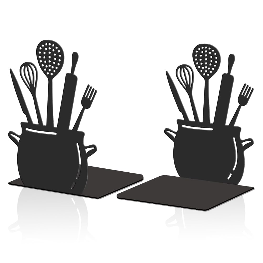 1 Pair of Black Bookends for the Kitchen 11 x 13.5 x 20 cm Spoon Decorative Metal Cookbook Ends with Non-Slip Mat Cookbook Storage Metal for the Kitchen