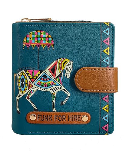 Image of Funk For Hire Women's Compact Wallet in Petrol Blue - Stylish Cartoon Print Leatherette Purse with Card Slots, Coin Pocket & Magnetic Closure - Handcrafted in India