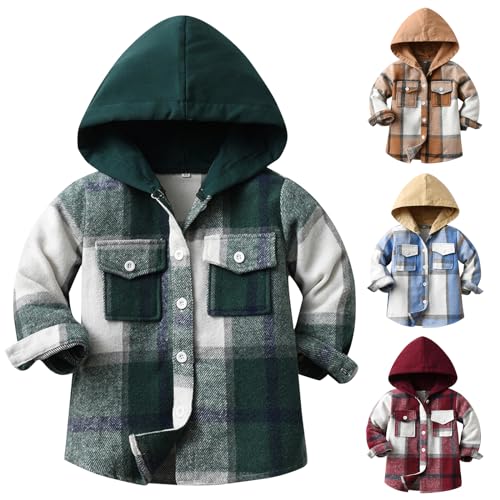 Winmany Little Boys Hooded Plaid Shirt Jacket Toddler Boys' Shacket Fall Spring Warm Lightweight Outerwear for 2-8 Years (US, Age, 7 Years, 8 Years, Green)