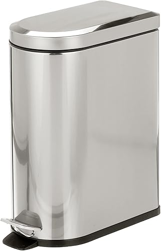 mDesign Cubo de basura pequeño de acero inoxidable de 1.3 galones para baño, dormitorio, oficina en casa, cubo de basura en forma de D con pedal de