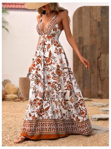 Image of MakeMeChic Women's Boho Maxi Dress Summer Luau Outfits Beach Wedding Guest Backless Sundress Flowy Resort Wear