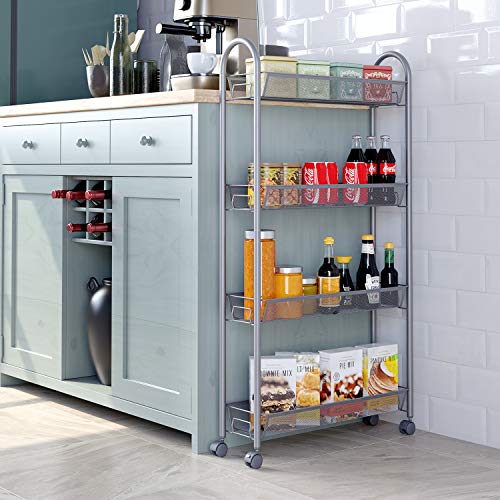 HOMFA 4-Tier Gap Kitchen Slim Slide Out Storage Tower Rack with Wheels, Cupboard with Casters - Silver