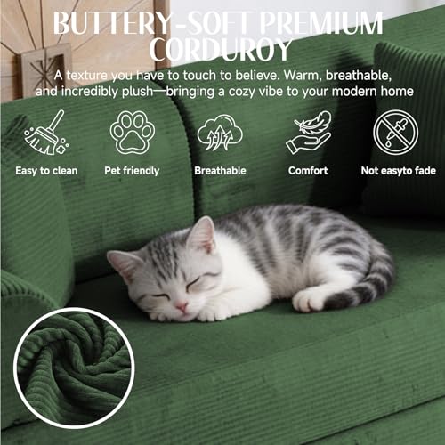 Image of 79'' Convertible Sofa Bed, 6 in 1 Folding Floor Futon Couch Sleeper with Fixed Frame, Corduroy Modular Sofa Bed with Removable Armrests & Pillows, No Assembly for Living Room Bedroom (Green)